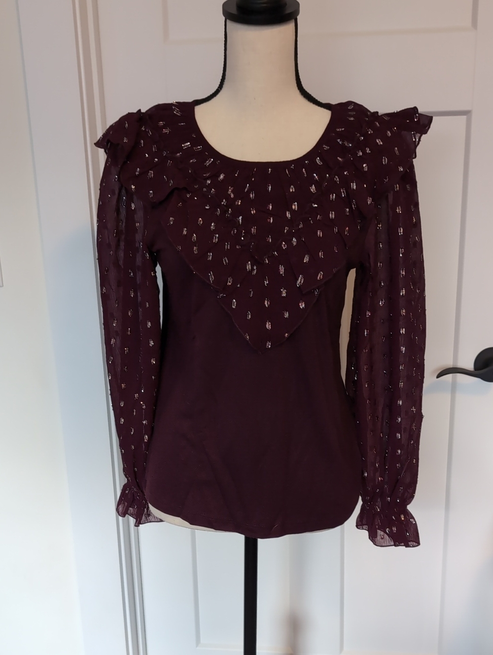 LOFT Plum Metallic Dot Ruffle Yoke Blouse